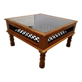 Antique British Colonial Wood, Wrought Iron and Glass Cocktail Table For Sale