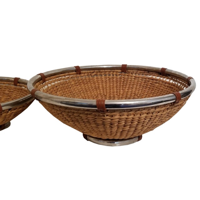 Wood Vintage Set of 2 Large Woven Baskets With Chrome Rim and Base For Sale - Image 7 of 12