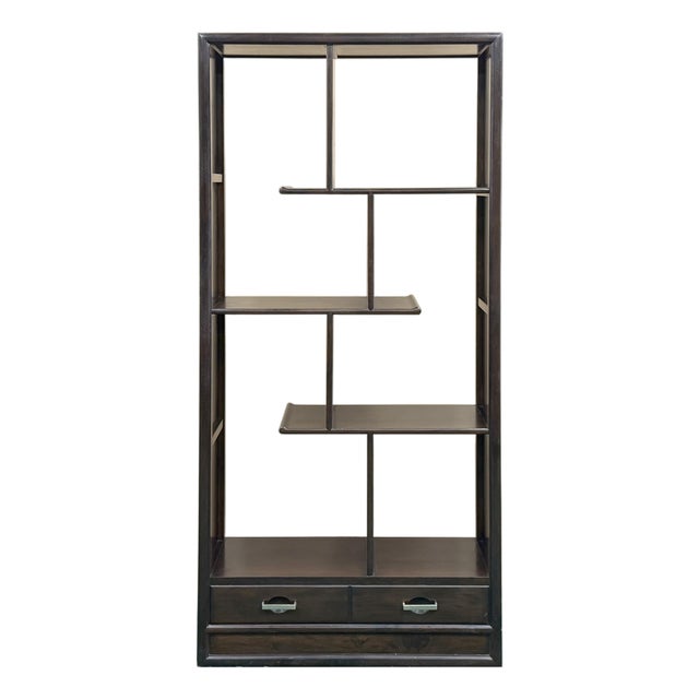 Asian Inspired Asymmetrical Dark Brown Shelving Display Cabinet Divider For Sale
