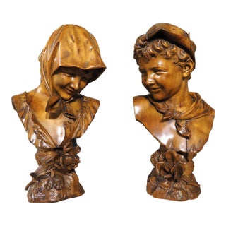Pair of Antique French Carved Pine Busts of a Boy and a Girl, Circa 1900 For Sale