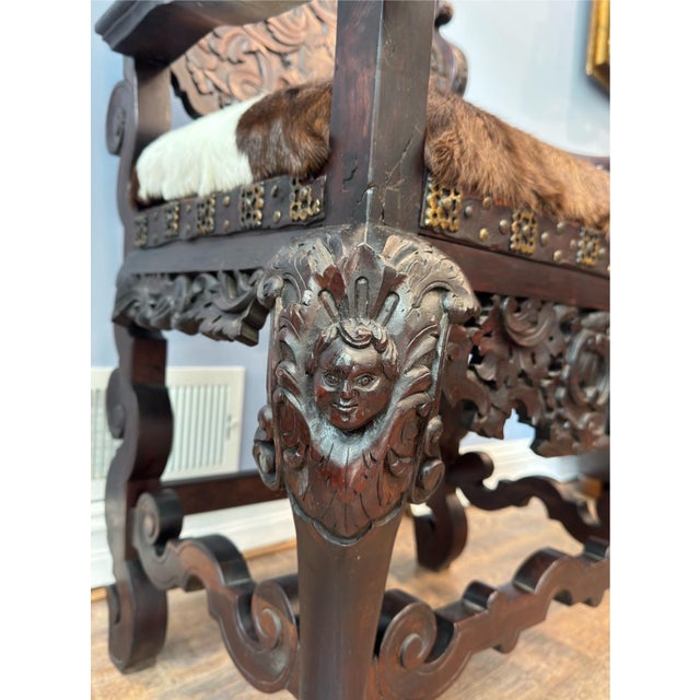 Brown Antique Renaissance Revival Carved Walnut Throne Chair, Cowhide Seat For Sale - Image 8 of 17