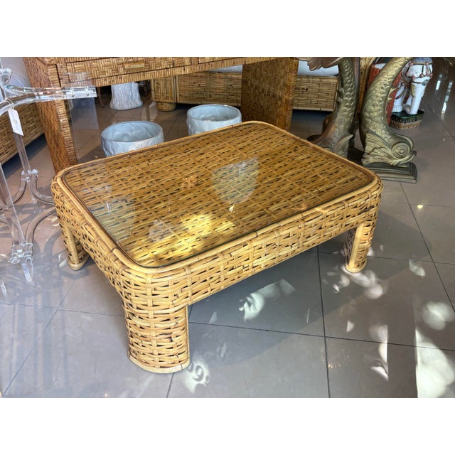 1980s Vintage Ralph Lauren Woven Rattan Wicker Bamboo Coffee Cocktail Table Coastal For Sale - Image 5 of 12