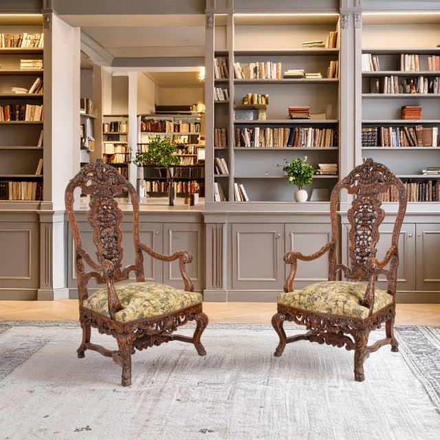 Late 19th Century Pair of Large Late 19th C. French Régence (Louis Xiv/Xv) Revival Hand-Carved Solid Walnut Fauteuil Armchairs/Thrones For Sale - Image 5 of 18
