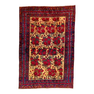 1960s Vintage Floral Persian Bidjar Handmade Wool Rug in Tan and Red For Sale