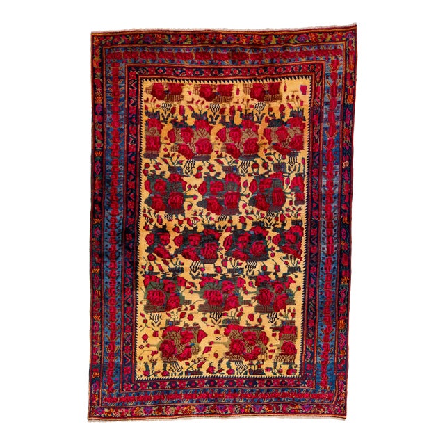 1960s Vintage Floral Persian Bidjar Handmade Wool Rug in Tan and Red For Sale