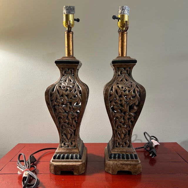 Pair Decorative Chinese Import Composite Filigree Lamps For Sale - Image 4 of 11