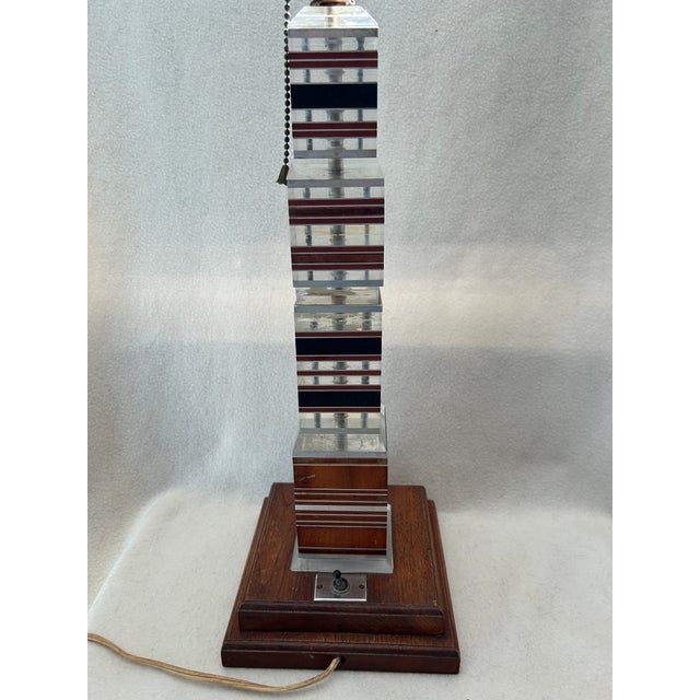 Mid 20th Century Mid Century Modern Stacked Lucite Acrylic Ebony Mahogany Aluminum Teak Skyscraper Table Lamp For Sale - Image 11 of 13