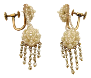 Pearl Tassel 14k Yellow Gold Screw Back Earrings