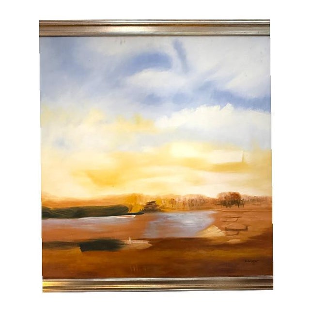 Serene landscape with a soft sunset sky, water reflections, and distant trees in earthy autumn tones. Add a touch of...