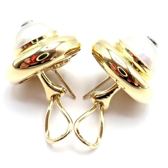 Gold Tiffany & Co. Picasso 18k Yellow Gold Diamond Mabe Pearl Earrings Paper For Sale - Image 8 of 11
