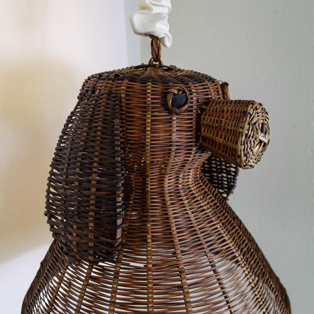 Brown 1930s Folk Art Rattan Dog Basket Lid or Hanging Pendant Lampshade For Sale - Image 8 of 15