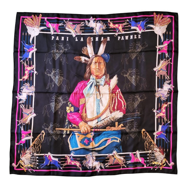 Hermes France Carre 90 Kermit Oliver Native Pani La Shar Pawnee Black Silk Scarf For Sale