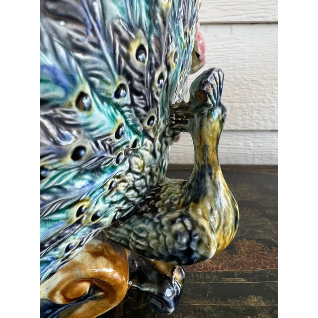 Antique French Majolica Jardinière Planter Peacock Onnaing Large Cache Pot C1880 For Sale In Dallas - Image 6 of 18