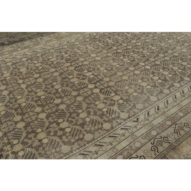Traditional Antique Distressed Khotan Runner With Pomegranates & Vinery in Green - Rug & Kilim For Sale - Image 3 of 9