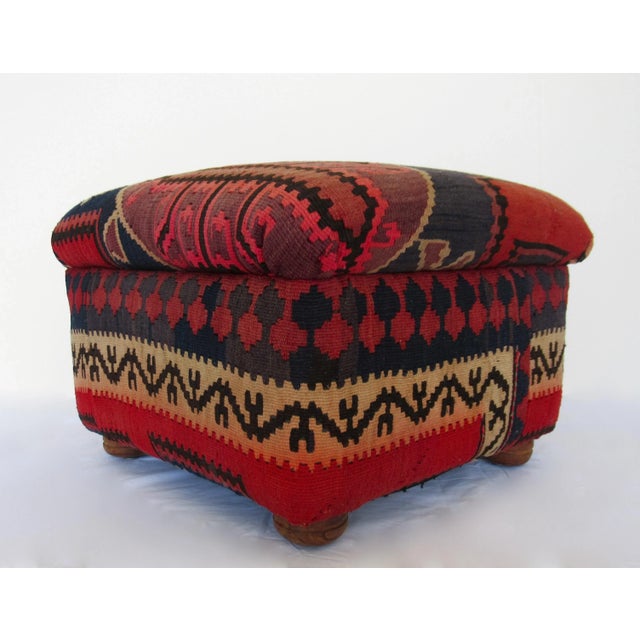 Wood Vintage Turkish Kilim Footed Ottoman With Round Wood Turned Feet Made in Pakistan For Sale - Image 7 of 13