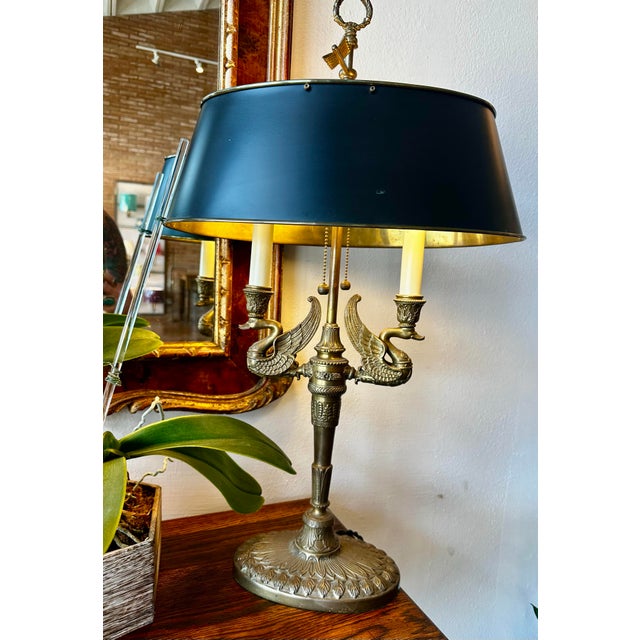 Metal 1990s Pair of Brass French Empire Swan Tóle Bouillotte Lamps. For Sale - Image 7 of 12