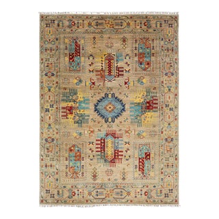 Kazak Style Hand-Knotted Wool Rug – Neutral Beige & Vibrant Multi-Color Tribal For Sale