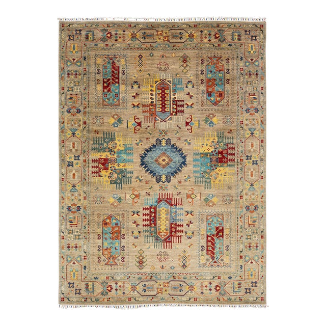 Kazak Style Hand-Knotted Wool Rug – Neutral Beige & Vibrant Multi-Color Tribal For Sale
