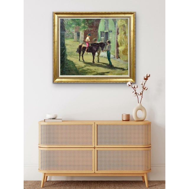 Harry Freckleton, Children with Their Pony in the Stableyard, 1960s, Oil on Canvas For Sale - Image 12 of 18