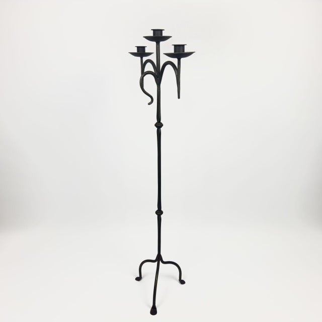 Black Hand Forged Iron Floor Candelabra 46″ (117cm) Antique Copper or Gold Patina 3-Arm Classic Scroll Candle Holder Rustic Decor For Sale - Image 8 of 11