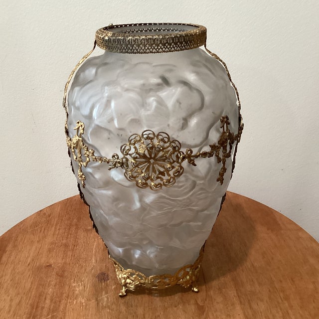 Art Deco Antique Frosted Sculpted Vase W/ French Gold Metal Filigree and Cameo Medallion For Sale - Image 3 of 12