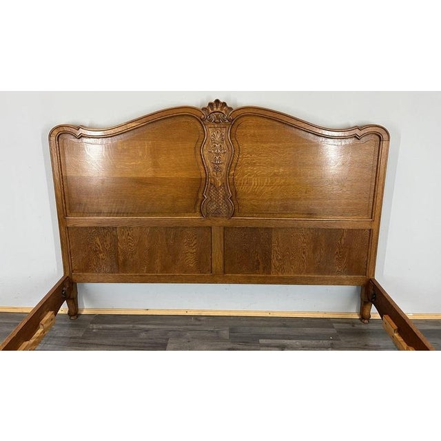 Brown Vintage French Louis XVI Style Oak King Size Bed Frame with Carved Headboard For Sale - Image 8 of 14