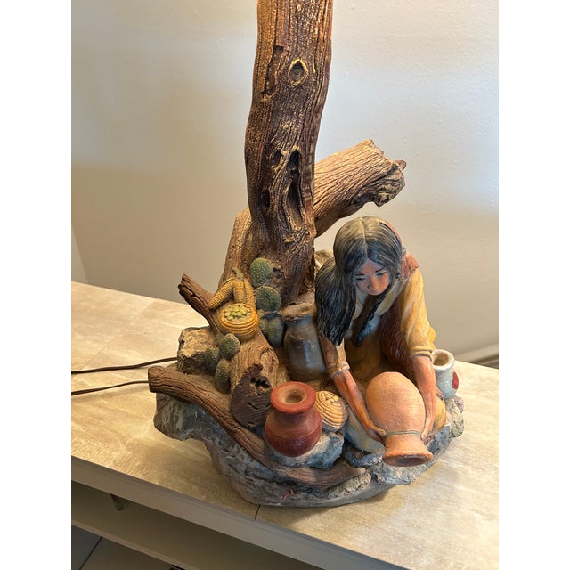 Indian Vintage Rustic Cabin Apsit of California American Indian Scenes Chalk Lamps - Set of 2 For Sale - Image 3 of 9