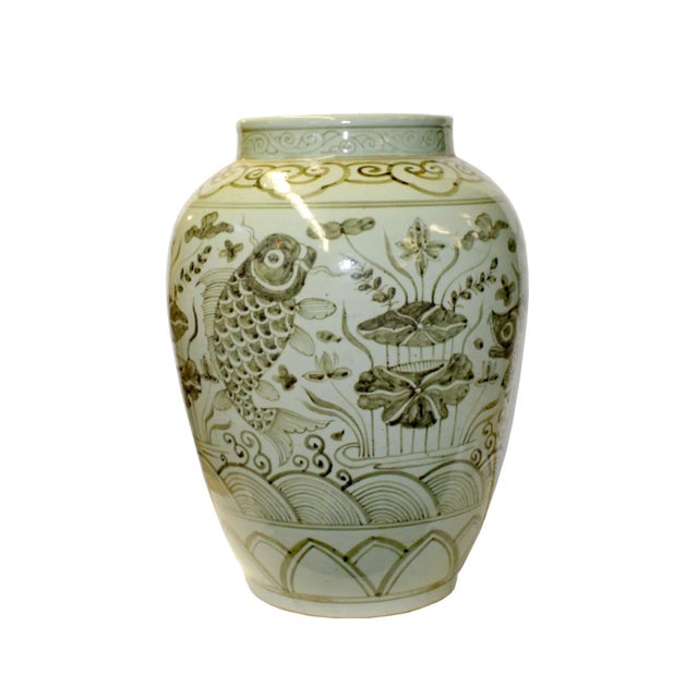 Gray Off White Flowers Fishes Graphic Fat Round Ceramic Vase For Sale In San Francisco - Image 6 of 6