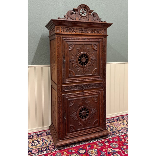French Antique French Breton Armoire Wardrobe Linen Cabinet Double Doors Drawer C. 1900 For Sale - Image 3 of 18