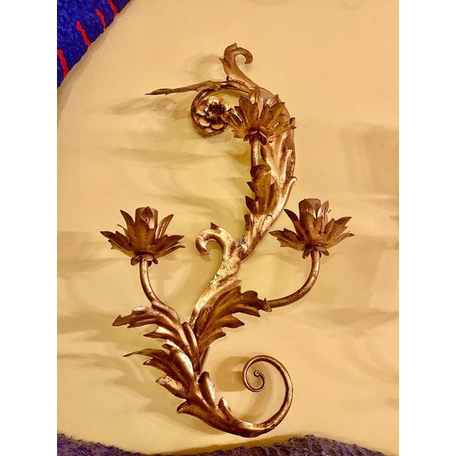 Goldenrod Large Florentine Gilt Wall Lamps attributed to Bianci, Italy, 1970s, Set of 2 For Sale - Image 8 of 10
