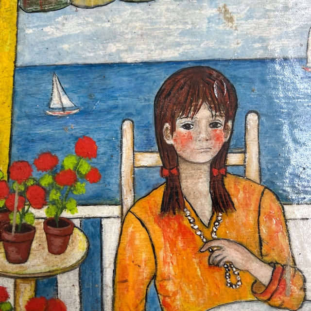 1960’s Original Folk Art Paris School Style Female Portrait / Seascape Painting Fancy French Frame For Sale - Image 4 of 6