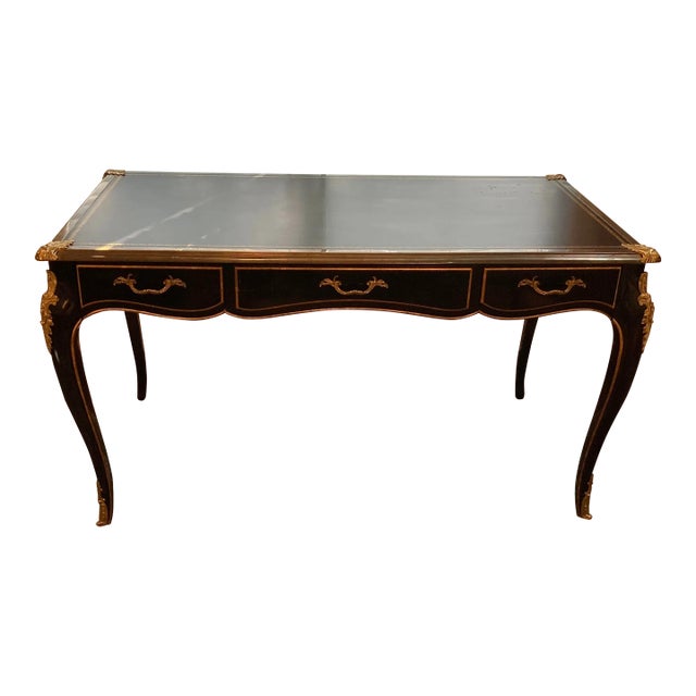 1990s Baker Collection Edition Louis XV Bureau Plat Black Lacquer and Leather Writing Desk For Sale