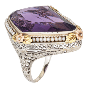 Circa 1920s Vintage Art Deco Amethyst Ring Pearl Filigree 18k White Gold Oval Size 8