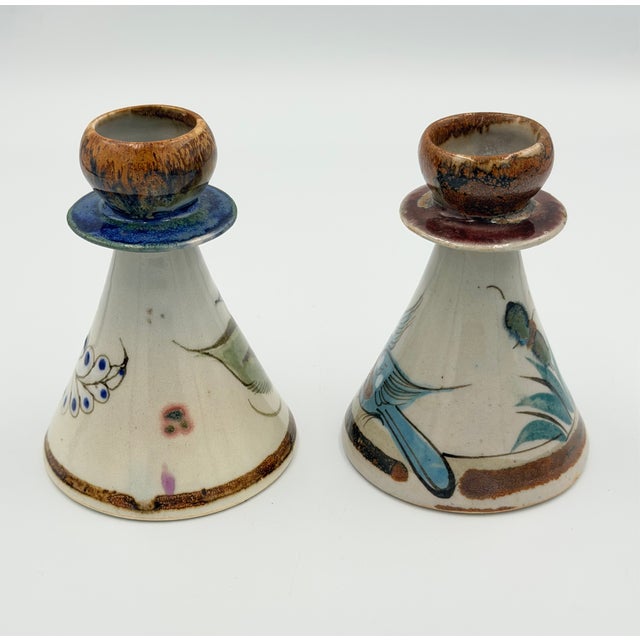 Folk-Art Ken Edwards Palomar Tonala Pottery Hand Painted 2pc Set Candle Holders For Sale In Palm Springs - Image 6 of 8