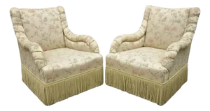 Late 20th Century Vintage French Art Deco Style Rolled Arm Pink Gold Club Lounge Chairs - A Pair