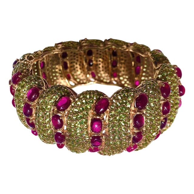 Bochic "Capri" Natural Ruby & Natural Peridot Bangle Set In 18K Gold & Silver For Sale