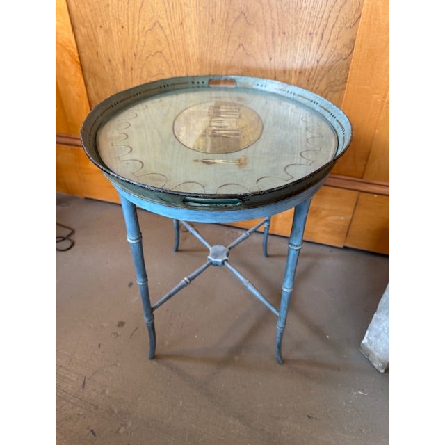 Oval Hand Painted Regency Era Tray on Custom Contemporary Stand and Glass Top Insert For Sale - Image 11 of 12