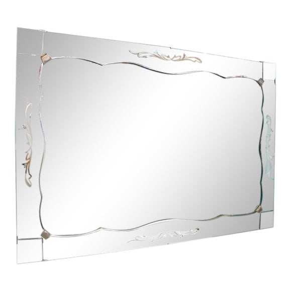 Hollywood Regency Antique Etched Border And Chrome Scroll Mirror