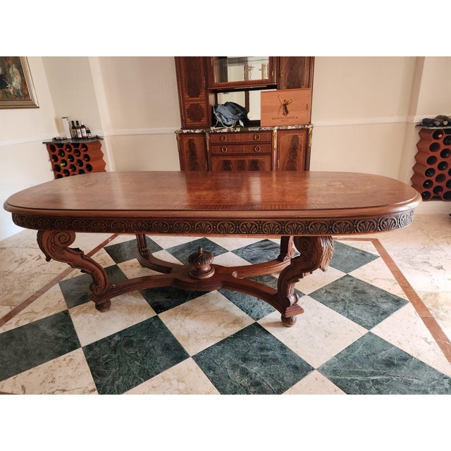 Antique Renaissance Revival Inlay Dining Table. Exquisitely detailed Marquetry Inlay on walnut. Likely from the late 19th...