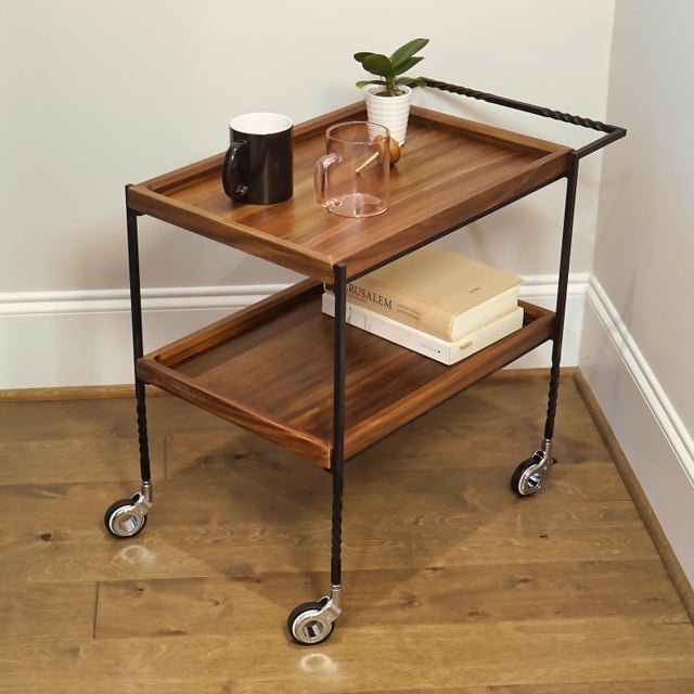 Walnut Bar Cart With Locking Casters, Two Tier Rolling Serving Cart, Wooden Mobile Coffee Station For Sale - Image 4 of 12