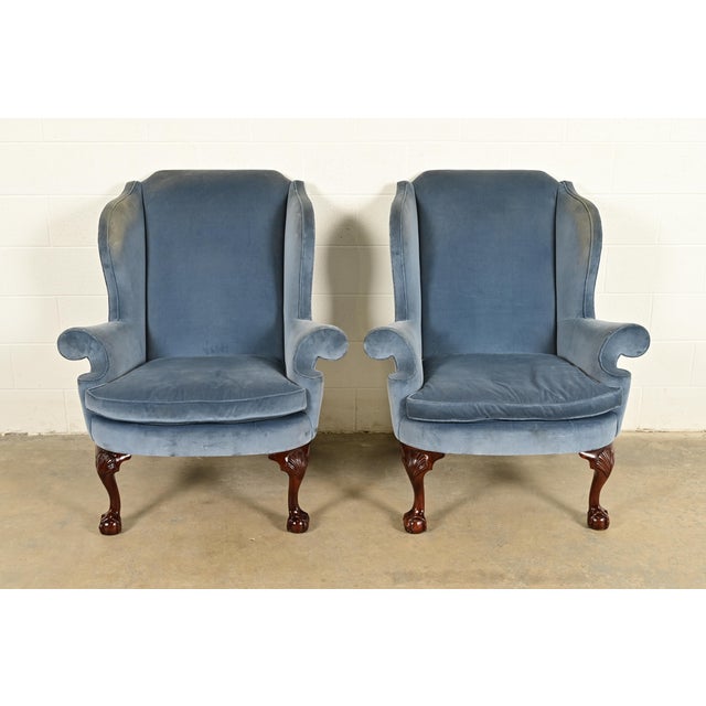 English Kindel Furniture Chippendale Carved Mahogany Blue Velvet Upholstered Wingback Lounge Chairs, Pair For Sale - Image 3 of 14
