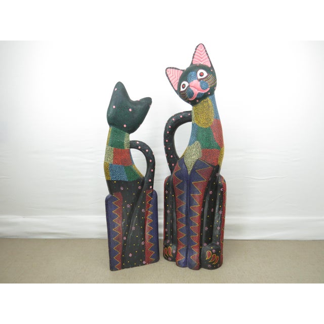 Vintage Large Balinese Hand Carved and Hand Painted Wooden Cat Sculptures Set of 2 Chairish