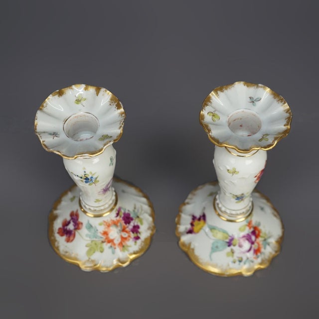Antique German Hand Painted & Gilt Floral Porcelain Candlesticks, Berlin 1900 For Sale - Image 6 of 9