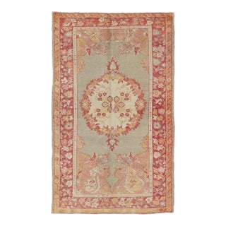 Turkish Oushak Vintage Rug With Floral Medallion Design in Red and Light Blue For Sale