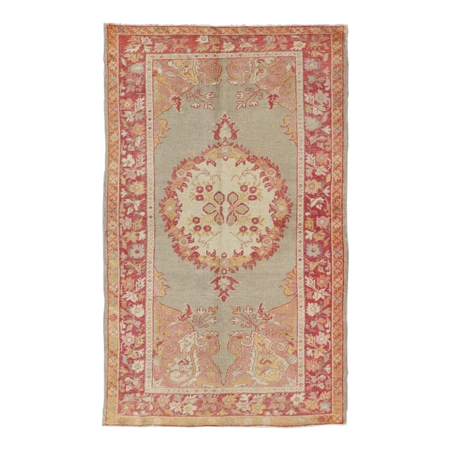 Turkish Oushak Vintage Rug With Floral Medallion Design in Red and Light Blue For Sale