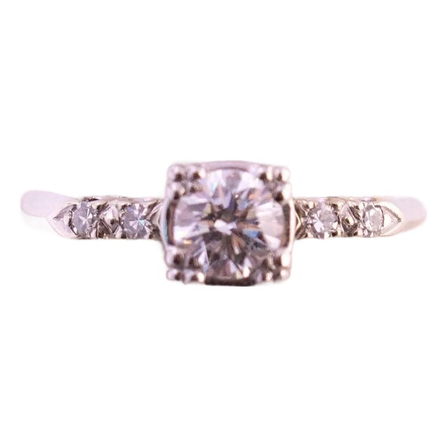 Mid 20th Century 14k White Gold Diamond Engagement Ring, Size 5.75 For Sale