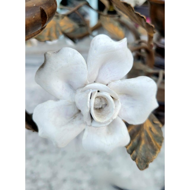 Vintage Wood Metal Ceramic White Rose Tole Italian White Ceramic Rose 5 Light Chandelier Fixture For Sale - Image 9 of 12