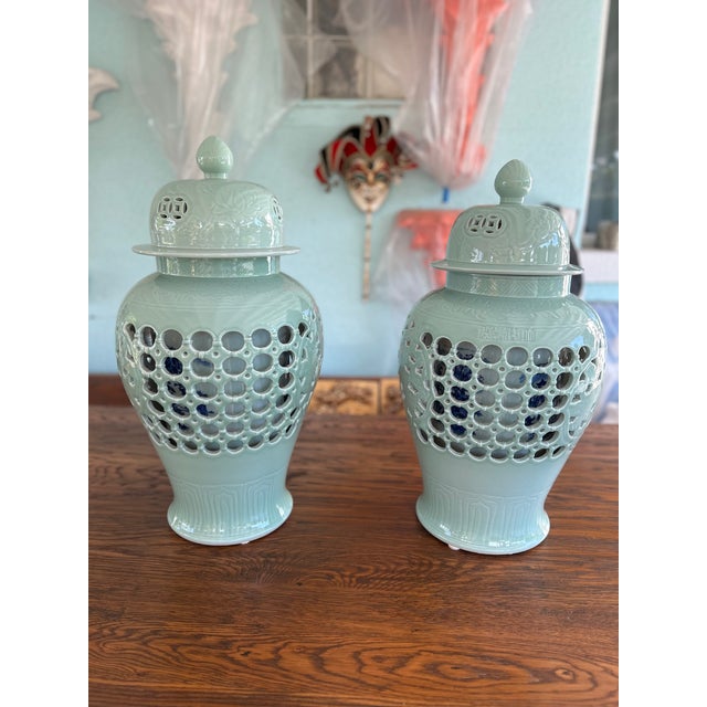 Late 20th Century Pair of Celadon Pierced Ginger Jars With Finial Lids For Sale In Miami - Image 6 of 10