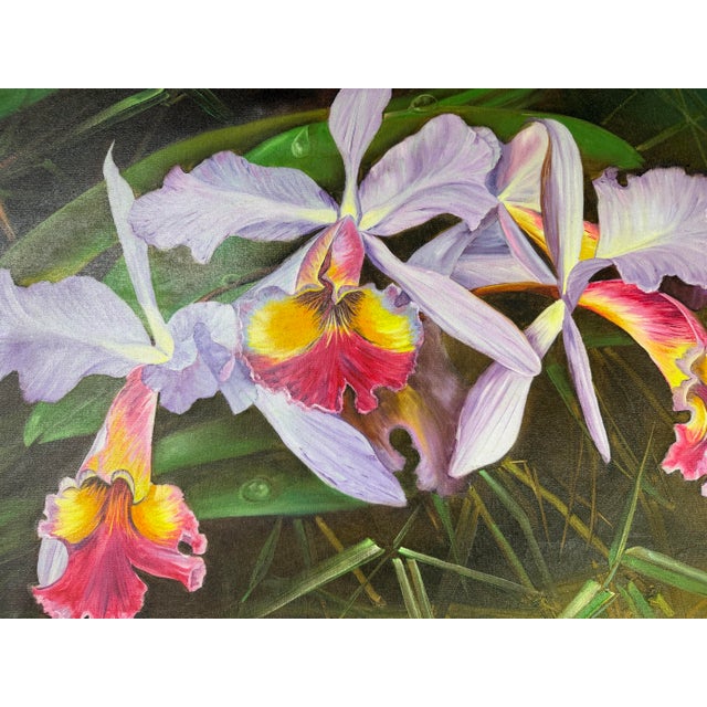 2000's Ashrami Tropical Orchids Oil on Canvas Painting – Signed, Unframed For Sale - Image 9 of 11