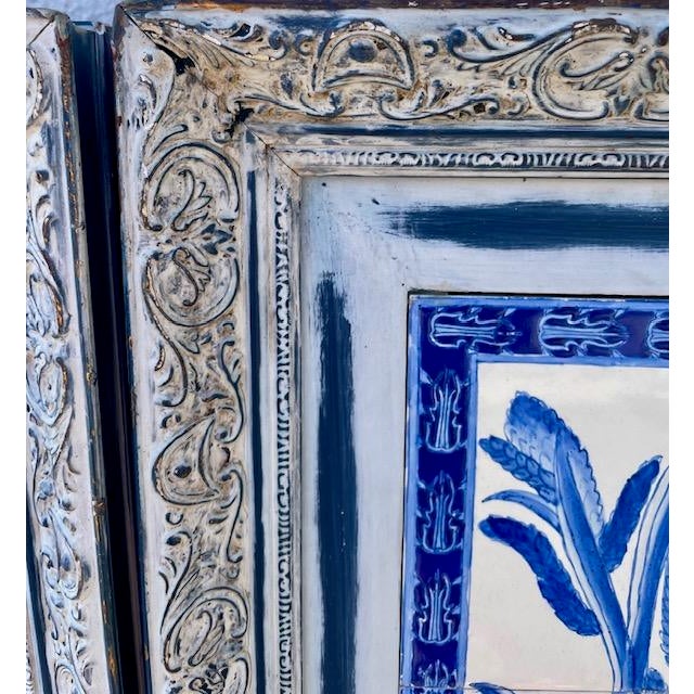 Blue Pair of Framed Hand-Painted Chinoiserie Blue & White Ceramic Tile Panels From a Hollywood Props House For Sale - Image 8 of 11
